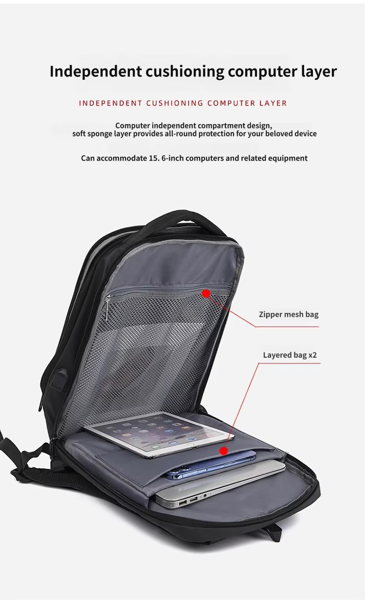 open laptop compartment showing independent cushioned computer sleeve