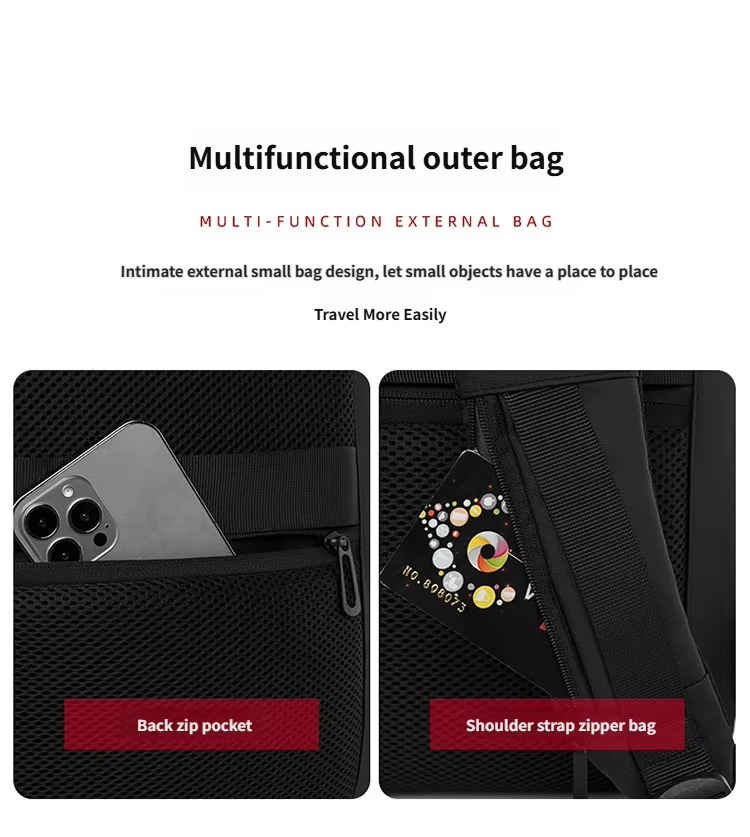 close-up of back zip pocket and shoulder strap zipper pocket