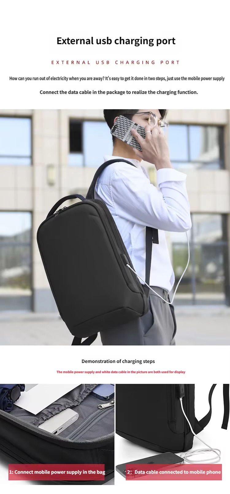 man on the phone wearing backpack with USB charging cable connected