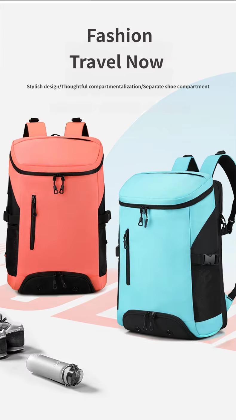coral and teal sports backpacks showing separate bottom shoe compartment