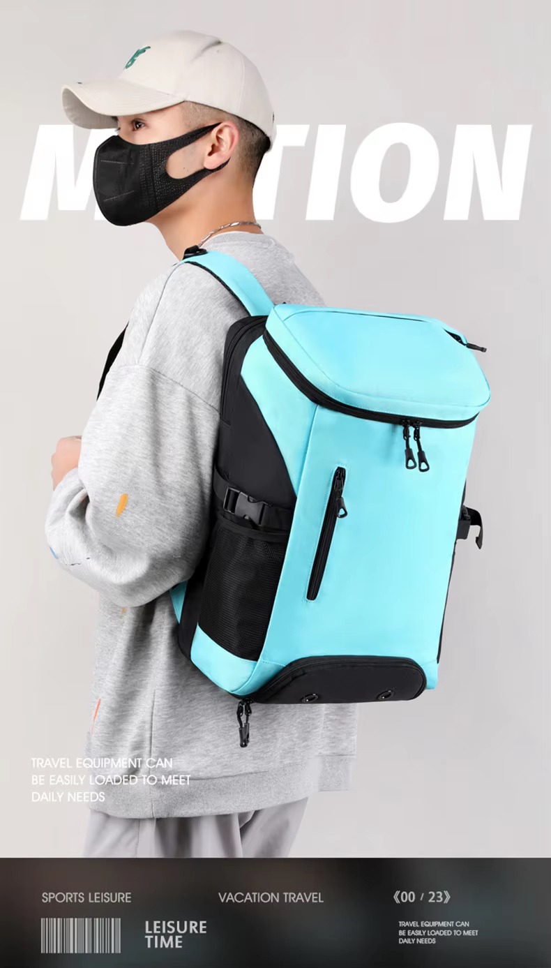 man wearing white backpack with racket handles sticking out of top pocket