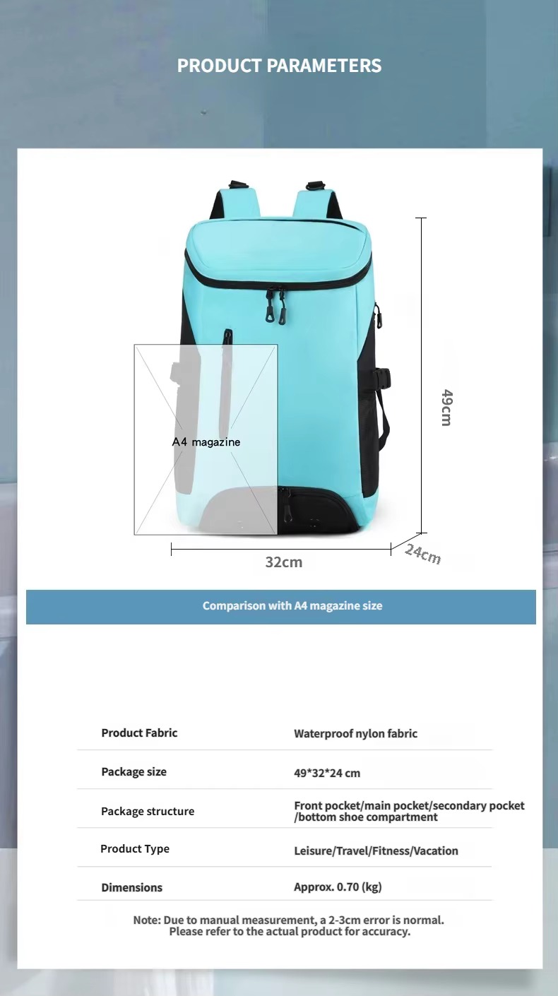 product parameters table listing fabric, package size, structure, and weight