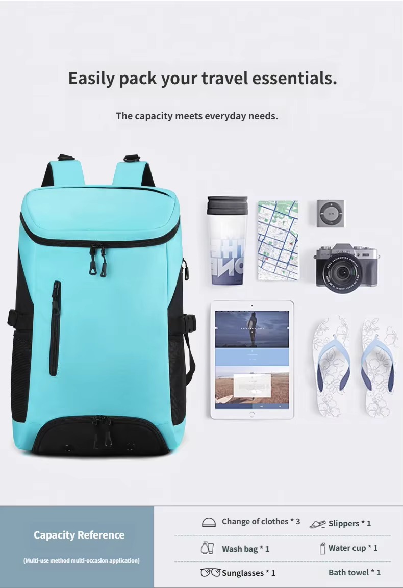 backpack beside travel essentials -- water bottle, map, camera, tablet, sandals