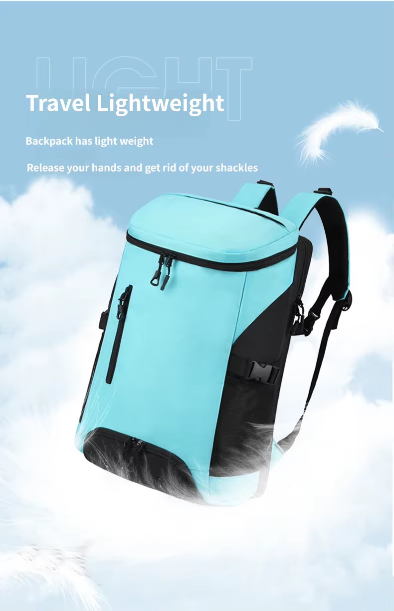 backpack floating among clouds and feathers illustrating lightweight design