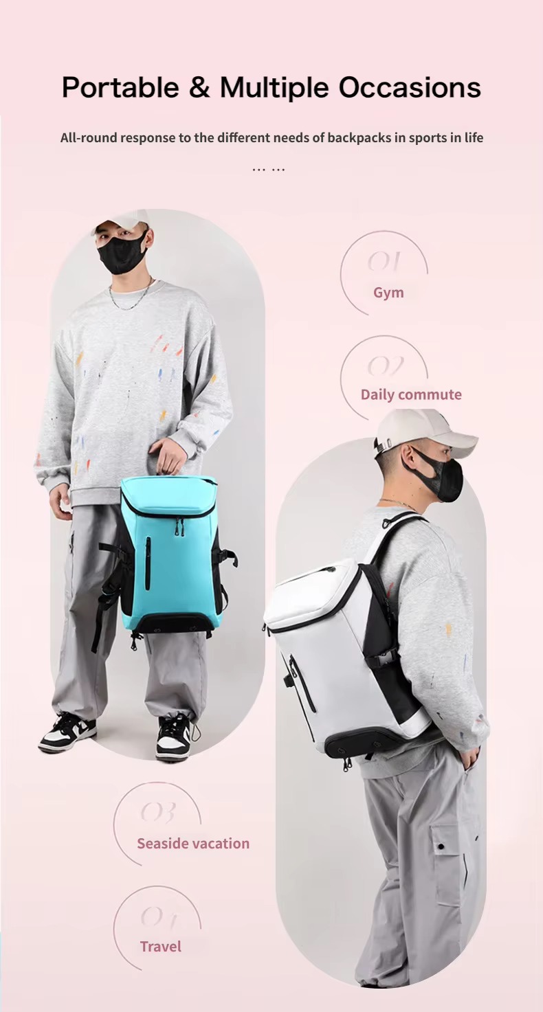 men carrying the backpack in gym, commute, vacation, and travel scenarios