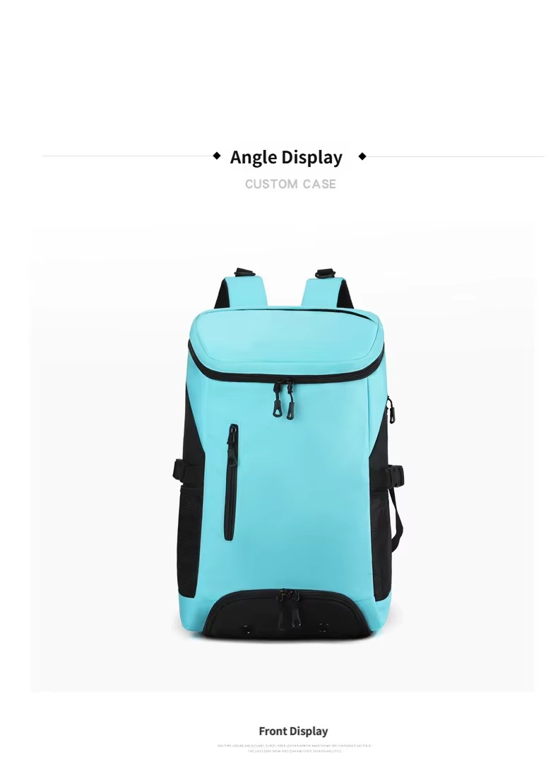 angled front display of teal backpack