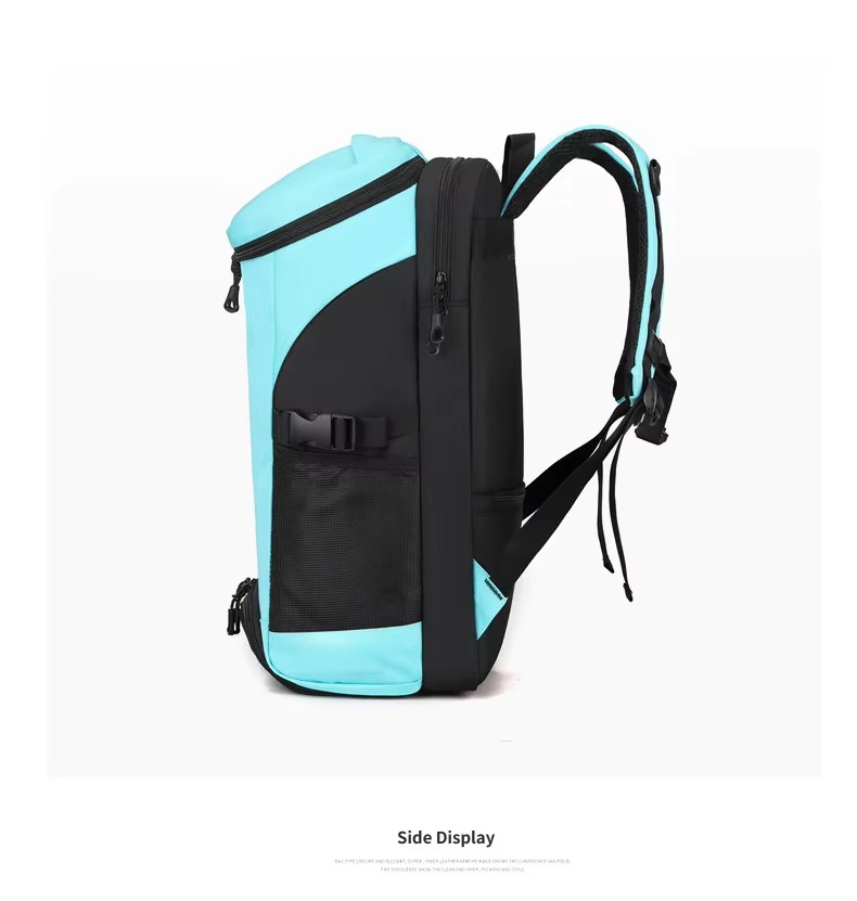 side display of teal backpack from a different angle