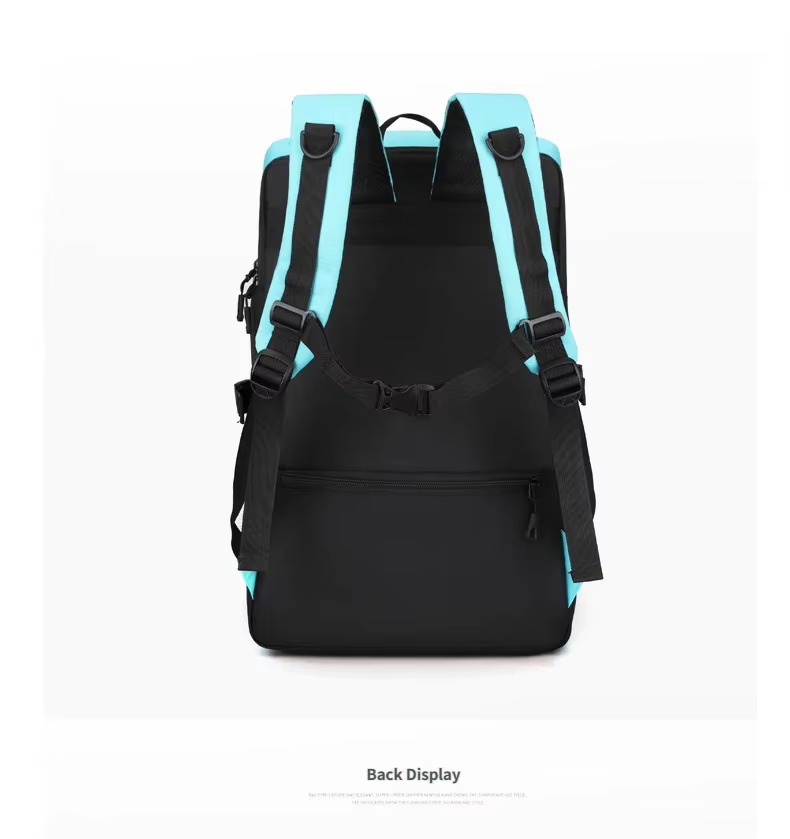 back display of teal backpack showing padded straps and rear pocket