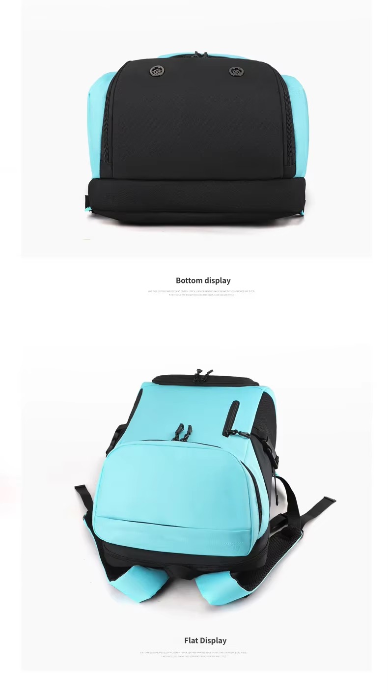 bottom display of black and teal backpack base with breather holes