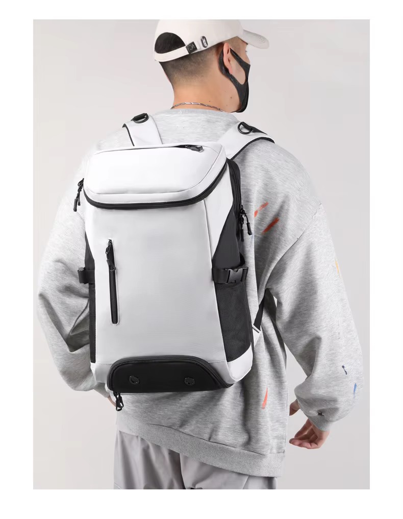 model wearing white backpack from behind