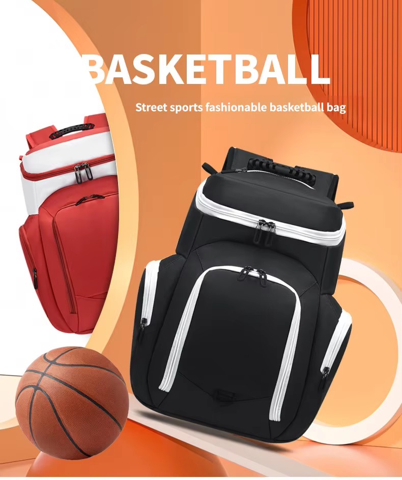 black and red basketball backpack colorway shown with a basketball