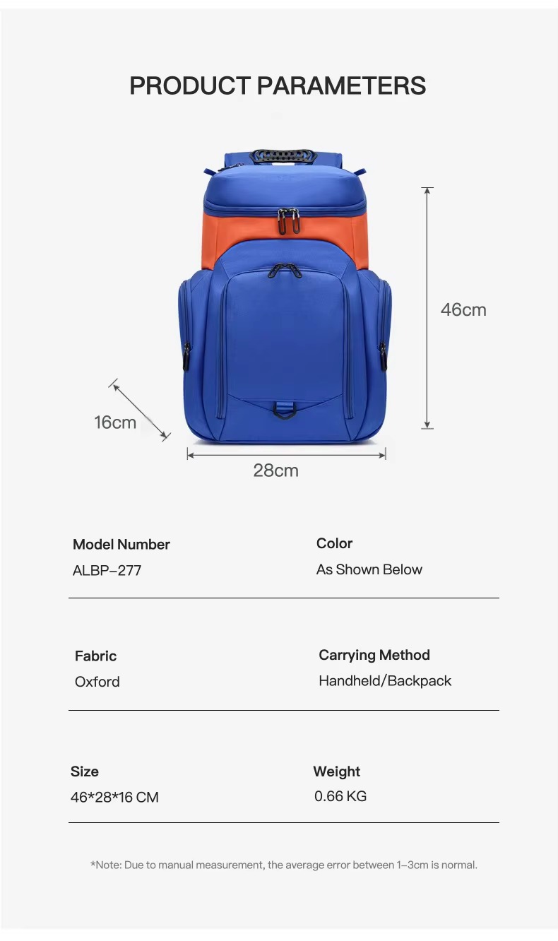 product parameters chart with size and fabric specifications