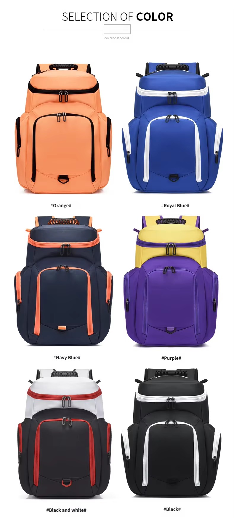 six-color front view comparison grid of the backpack