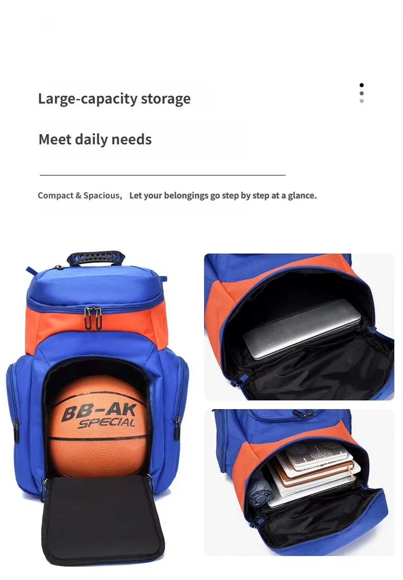 large-capacity main compartment open showing basketball, laptop and books