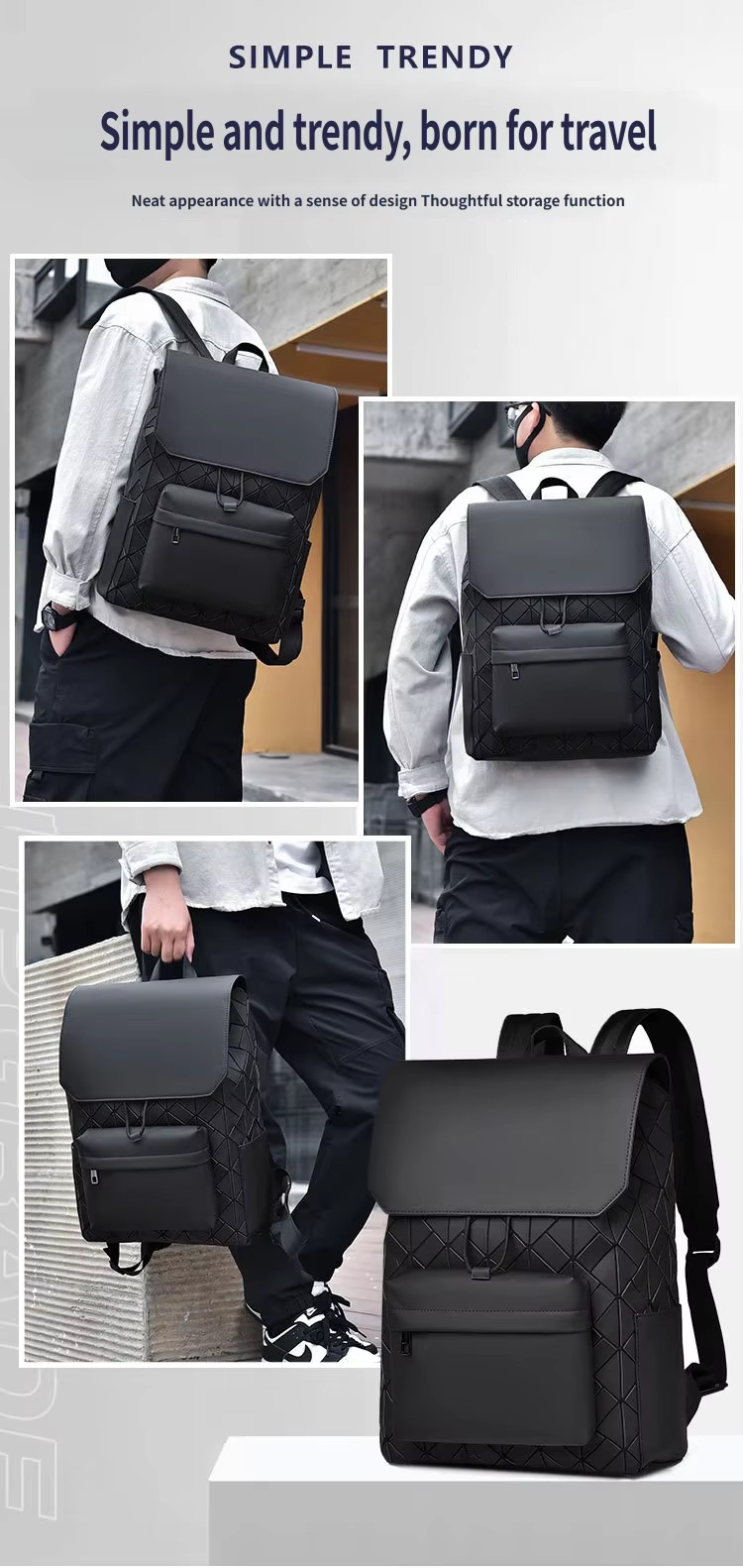 three lifestyle shots of a man wearing the backpack on the street