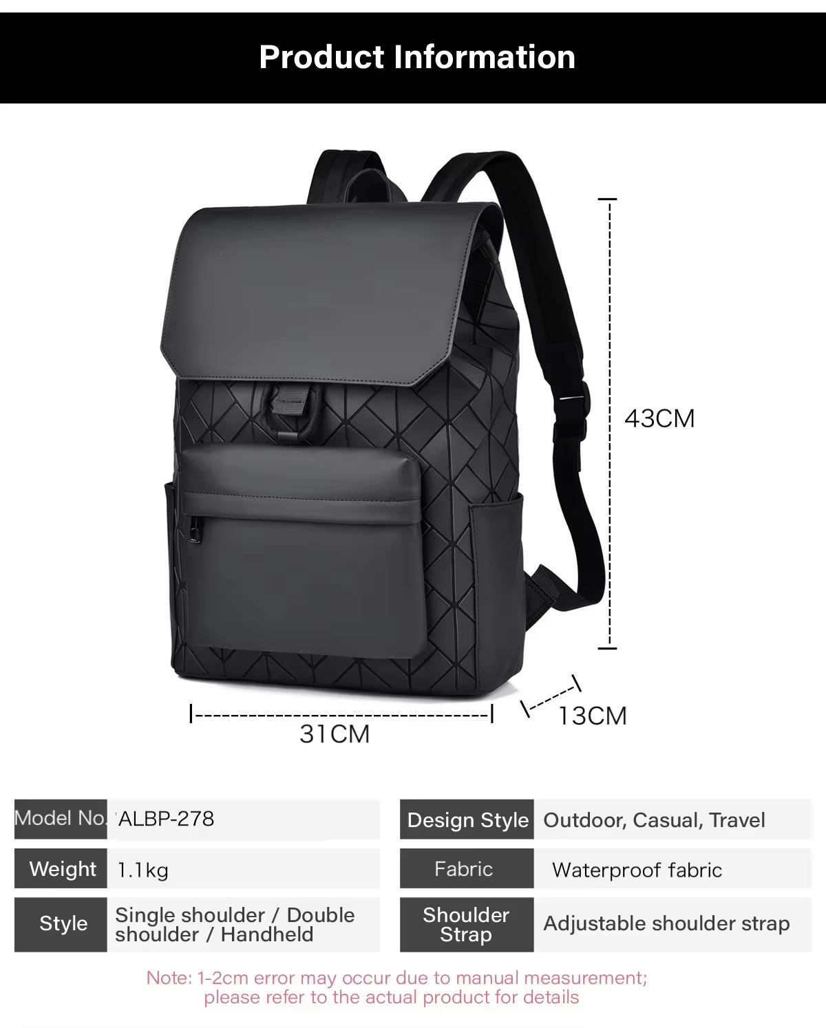 product information chart listing size, weight, fabric and style specifications