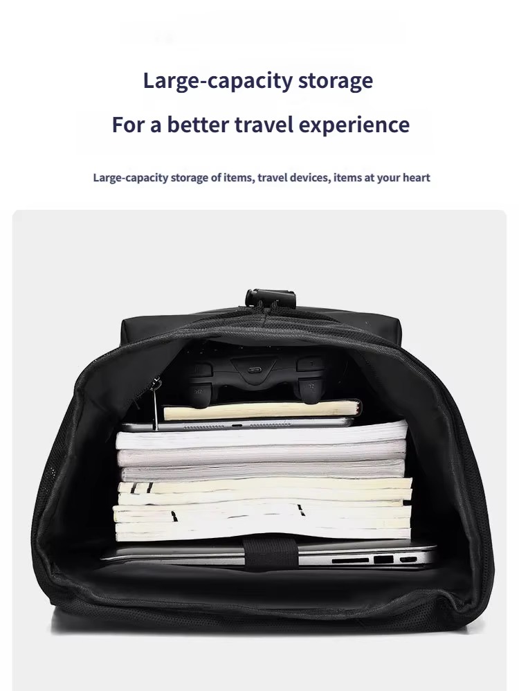 large-capacity interior packed with notebooks and gadgets