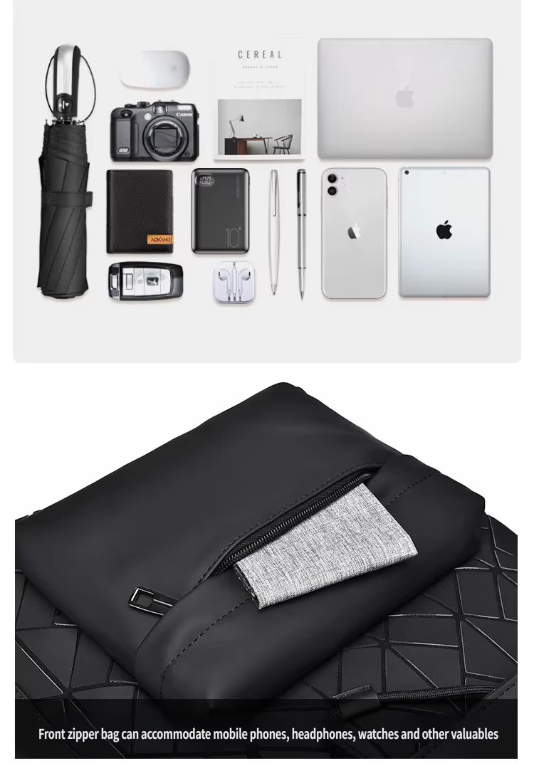 flat lay of items that fit in the front pocket, including phone, camera and laptop