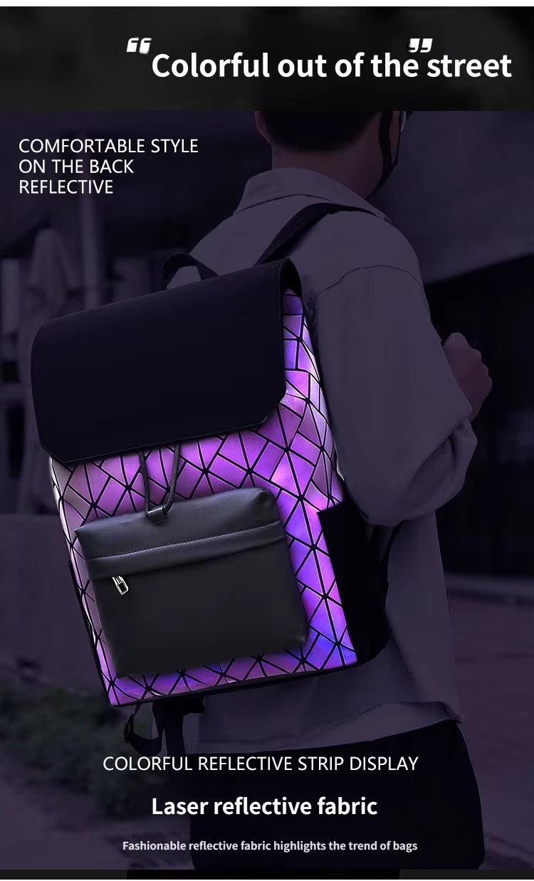 colorful iridescent purple reflective fabric worn as a backpack outdoors