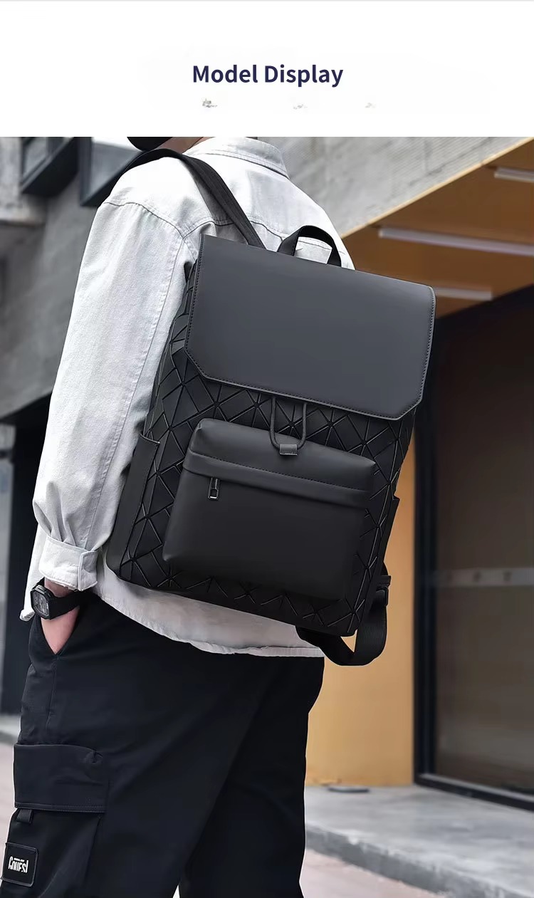 model wearing the black backpack, viewed from behind