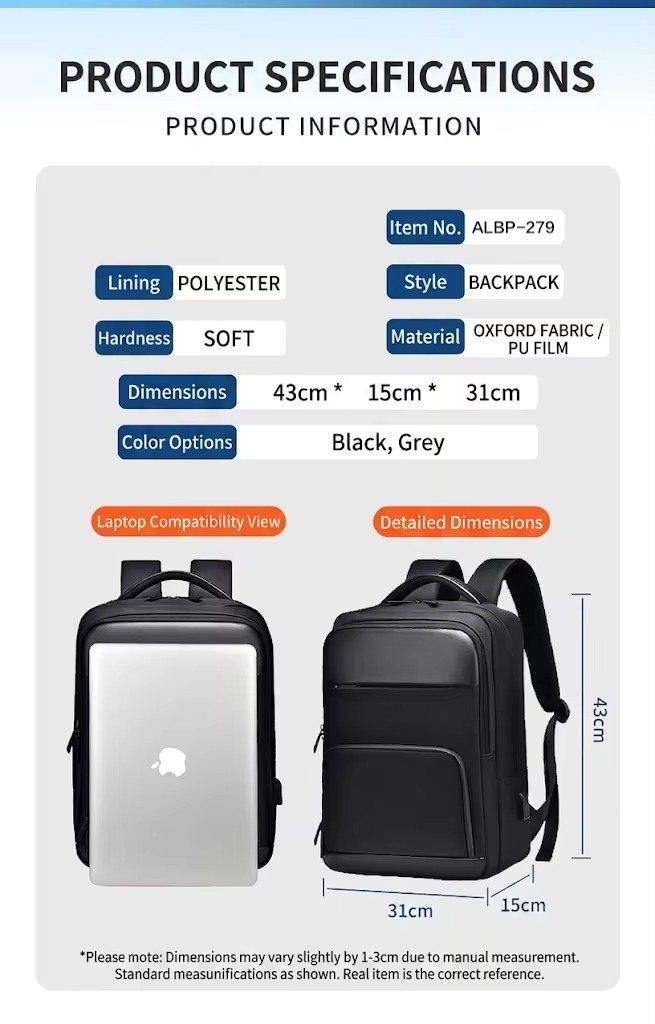 product specifications chart listing item number, material, dimensions and color options