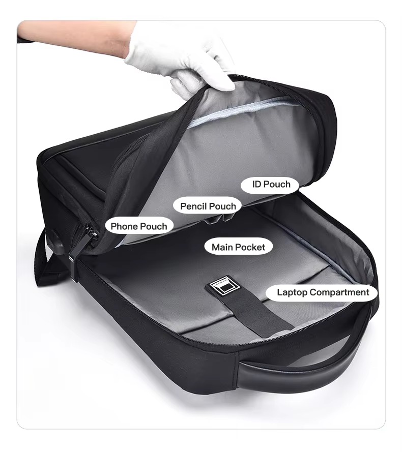 opened main compartment labeled with ID pouch, pencil pouch, phone pouch and laptop compartment