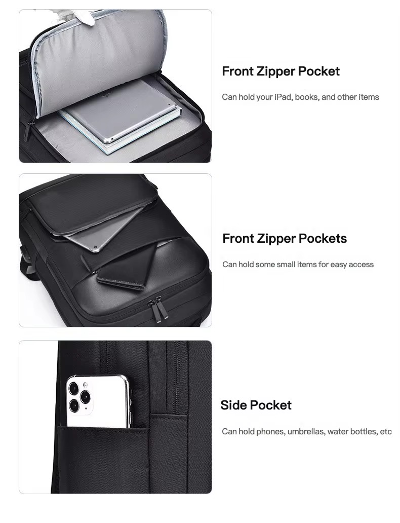 front zipper pocket holding a tablet and wallet, with side pocket holding a phone