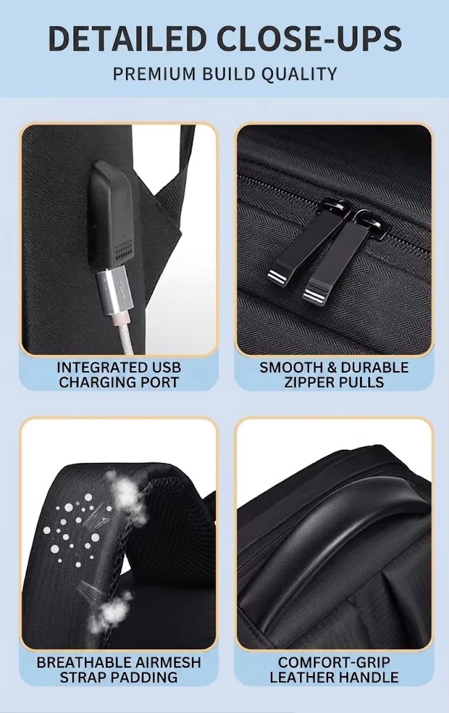 close-up of USB charging port, zipper pulls, breathable strap padding and leather-look handle