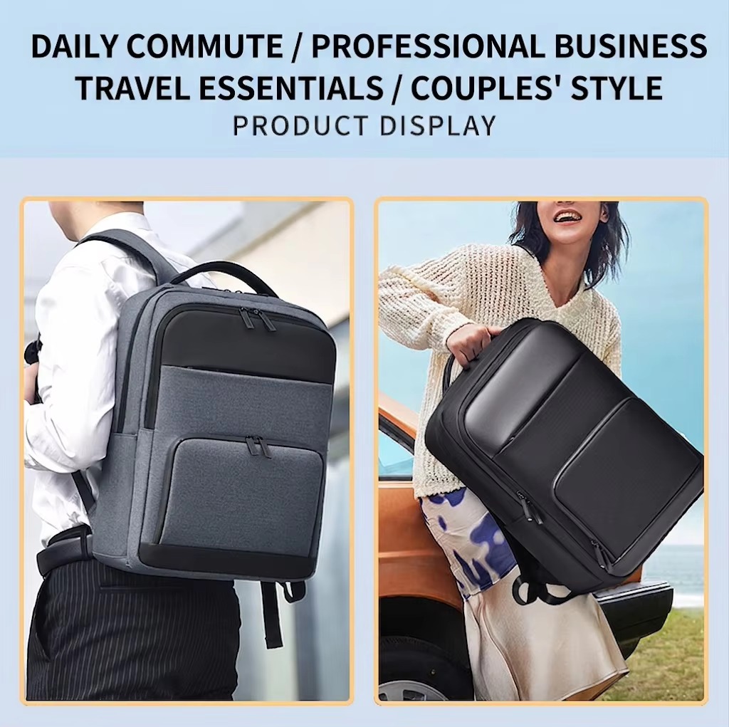 daily commute and business travel lifestyle shots of the gray and black backpacks