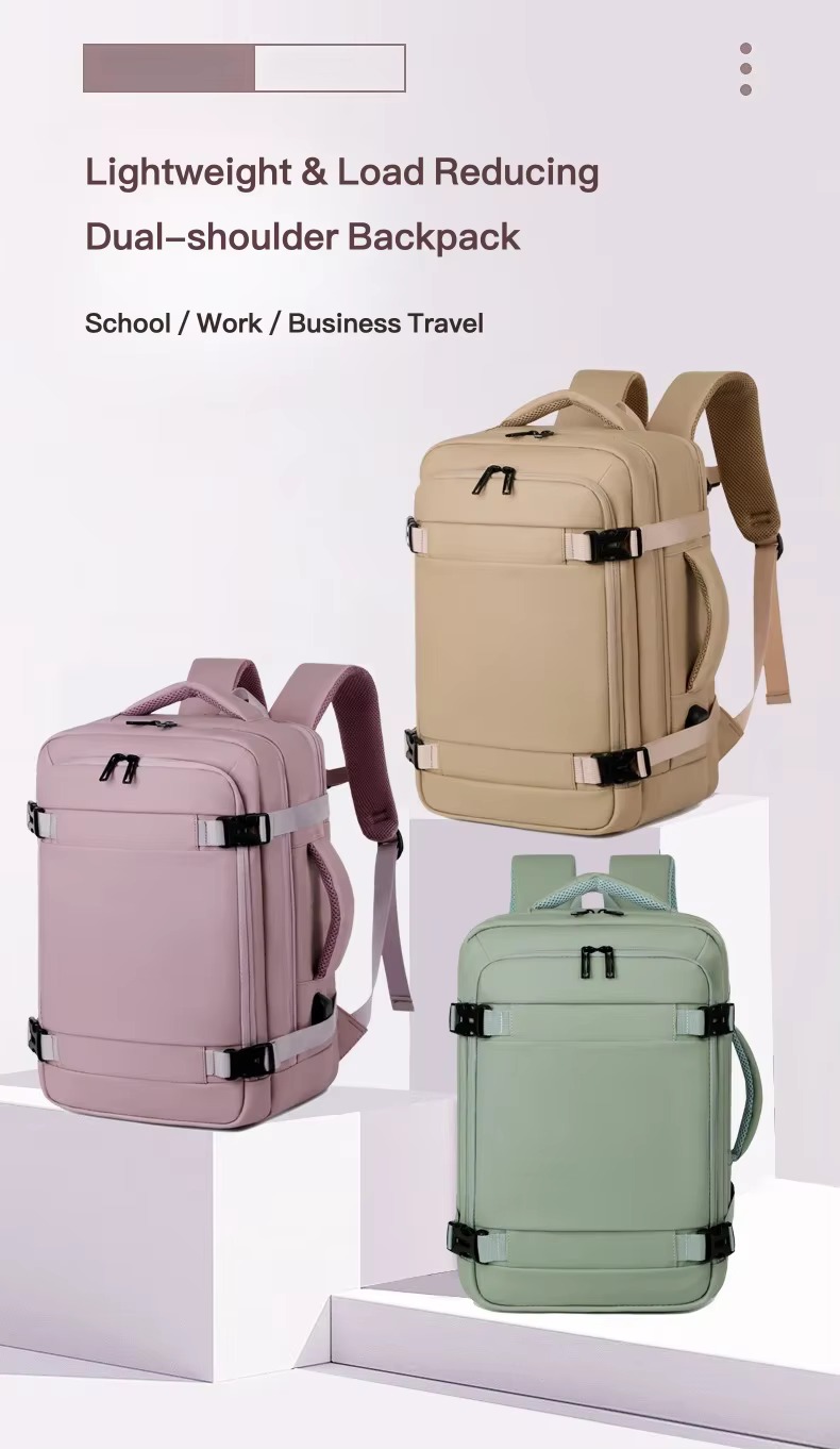 three color variants of dual shoulder backpack displayed together