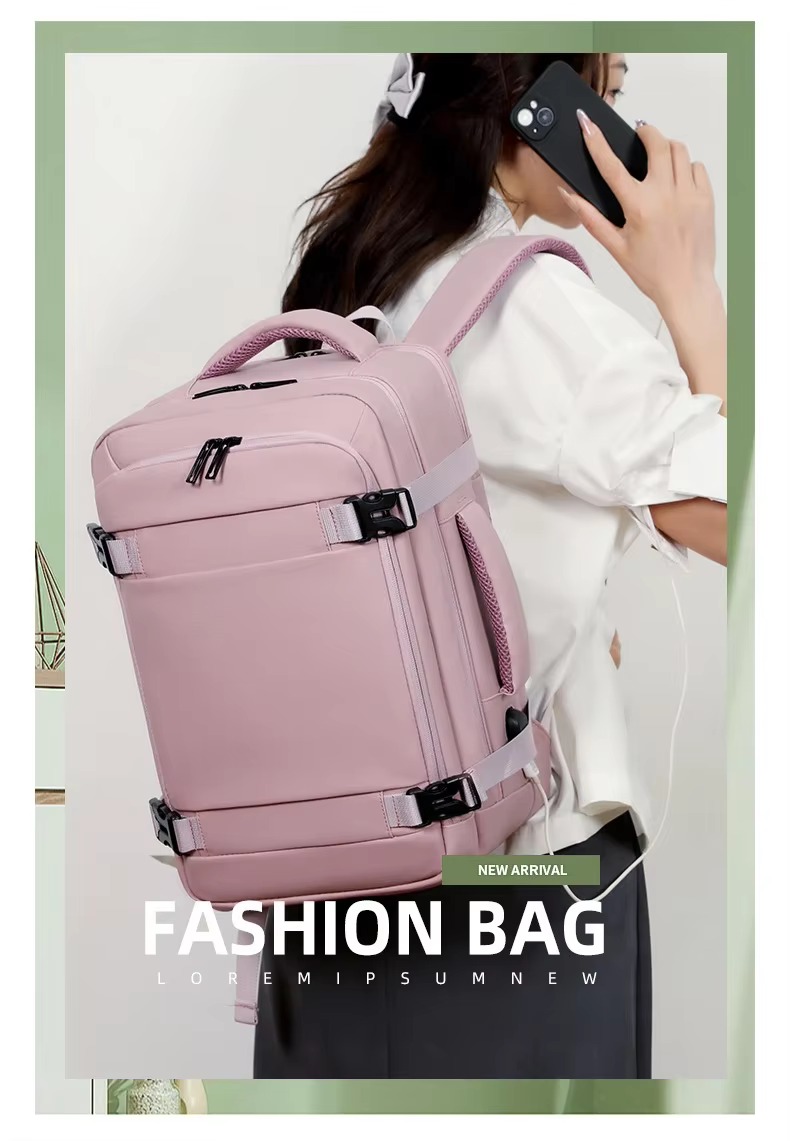 woman wearing pink travel backpack lifestyle shot