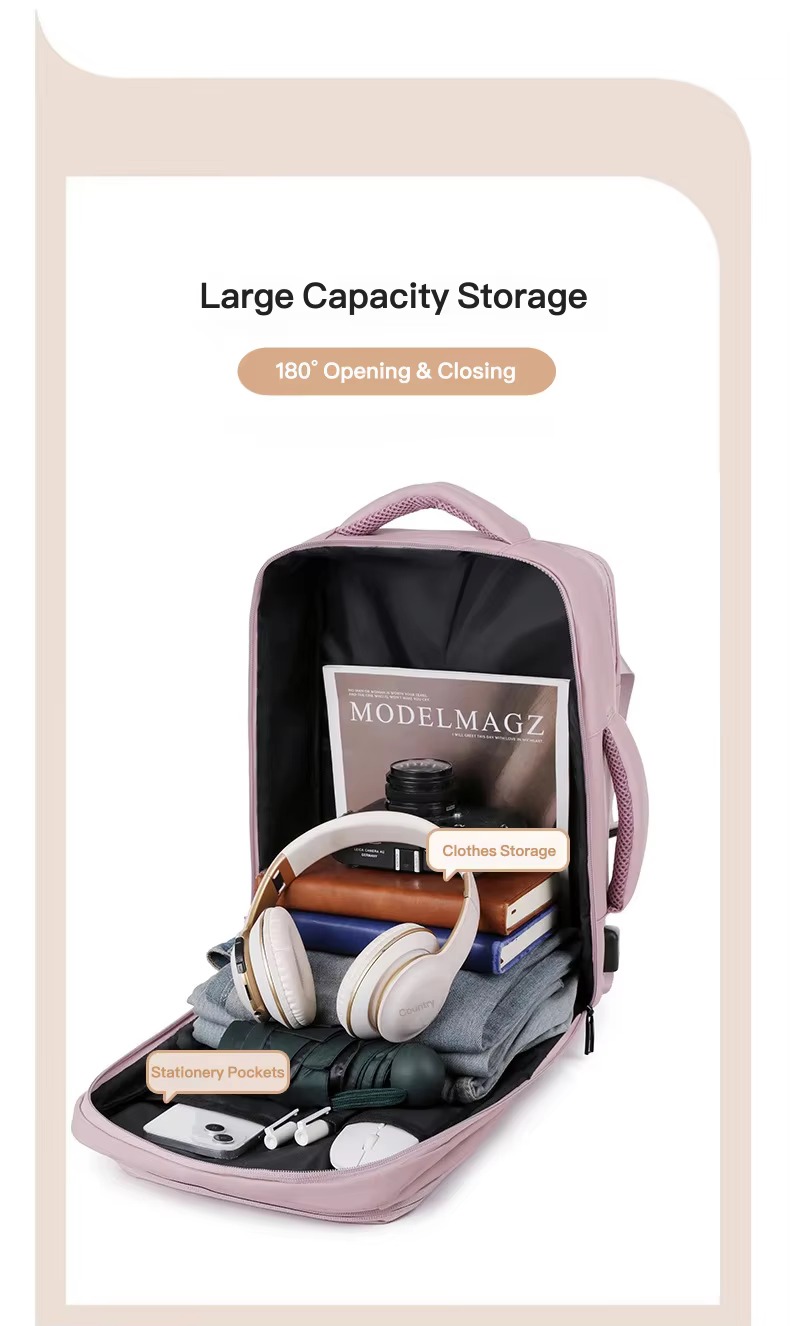 main compartment open showing clothes and accessory storage