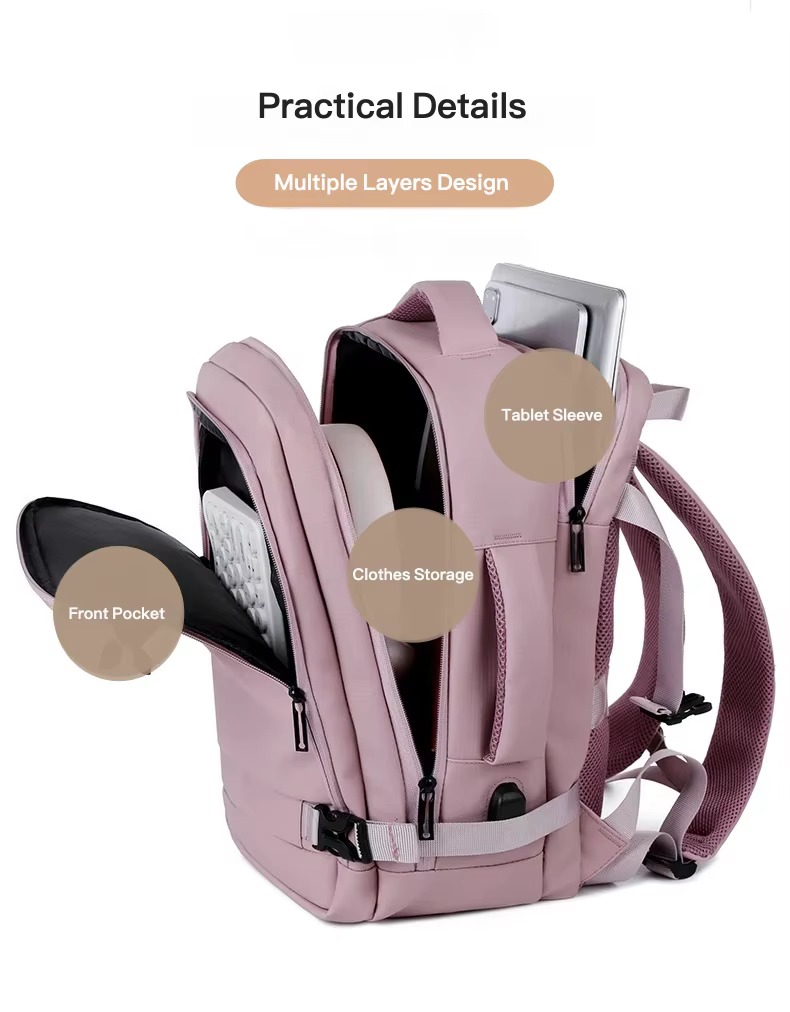 front pocket tablet sleeve and clothing compartment labeled diagram