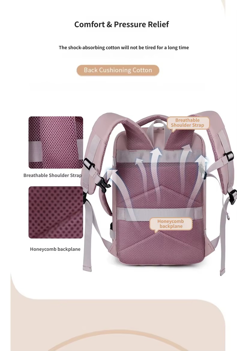 breathable honeycomb back panel and shoulder straps