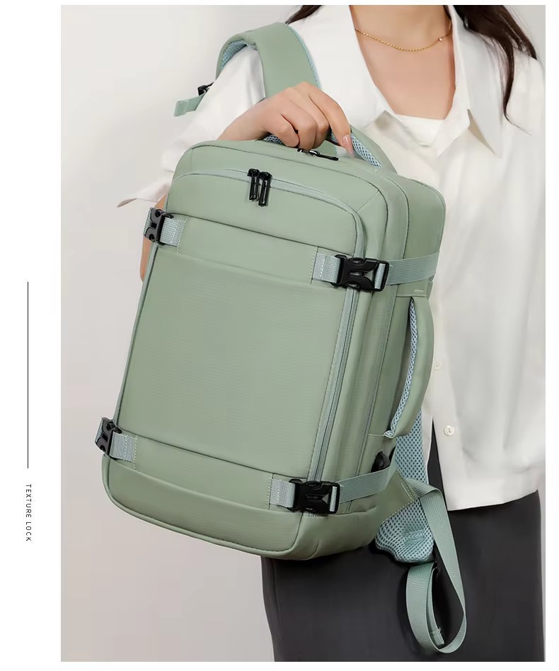 woman wearing pink backpack side view