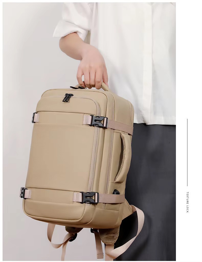 woman wearing green backpack on shoulders close-up