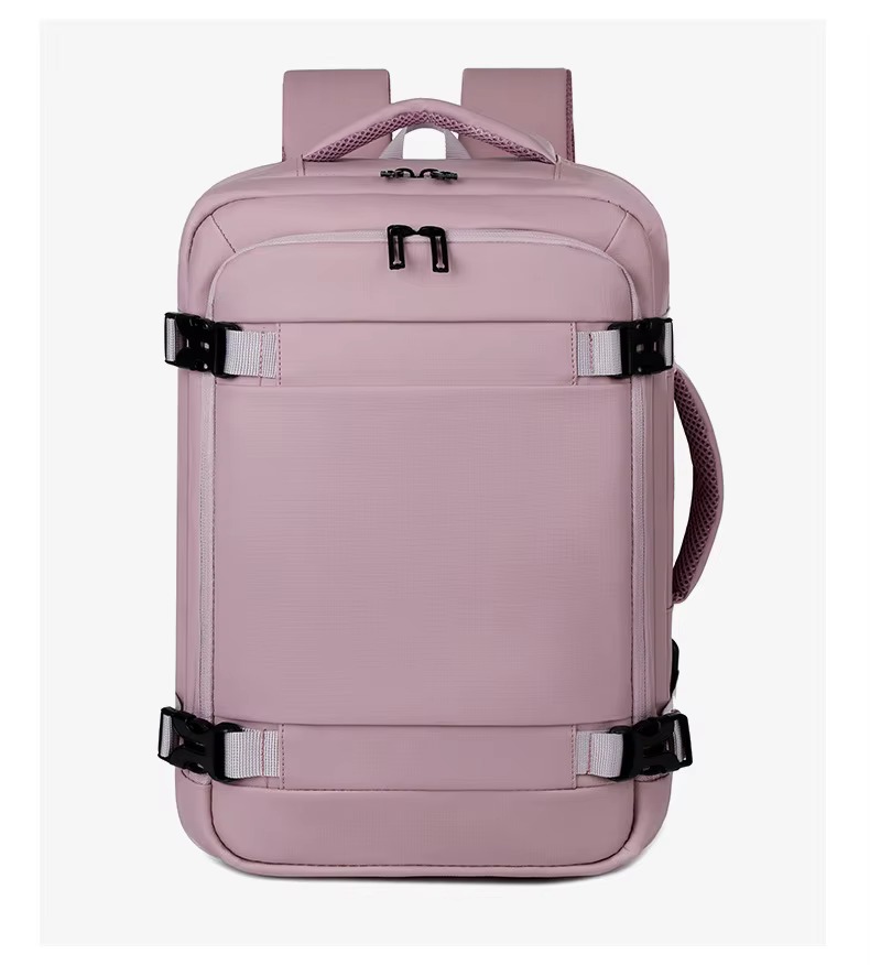 pink backpack front view flat lay
