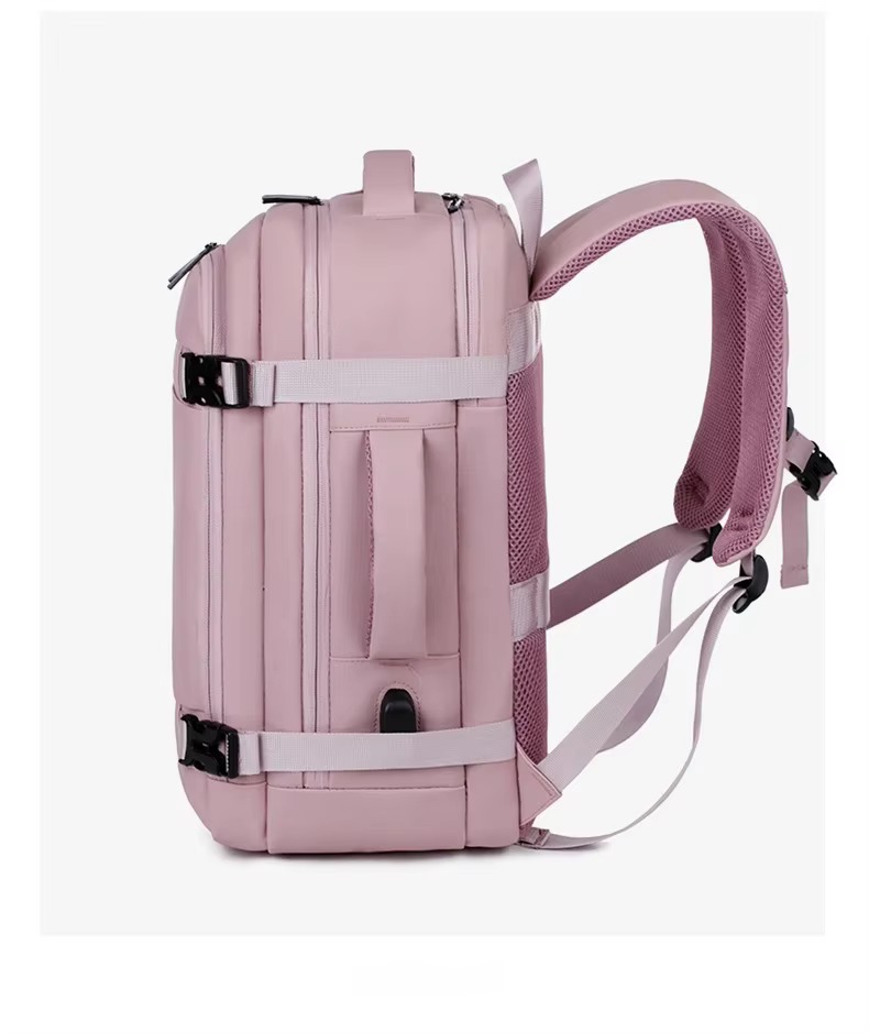 pink backpack side profile view