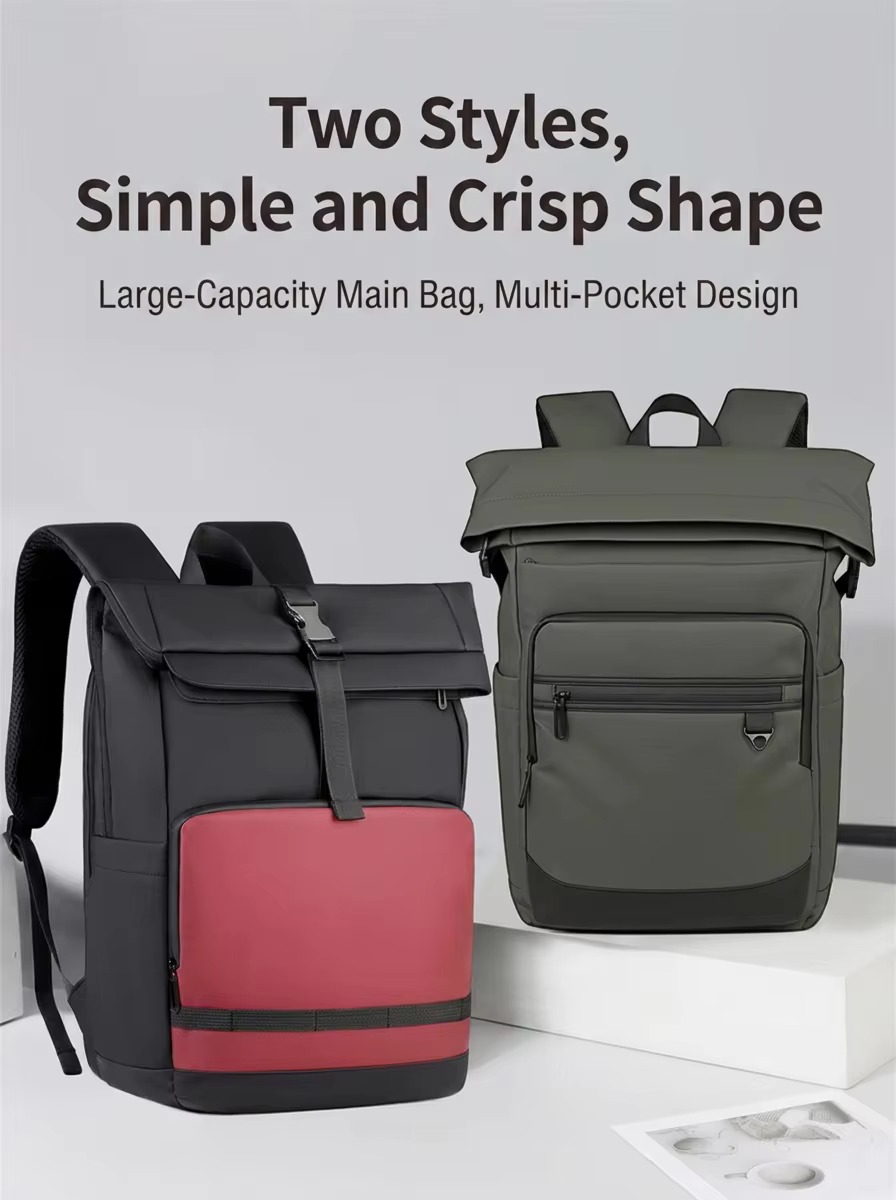 two rolltop backpack styles in black and olive green shown together