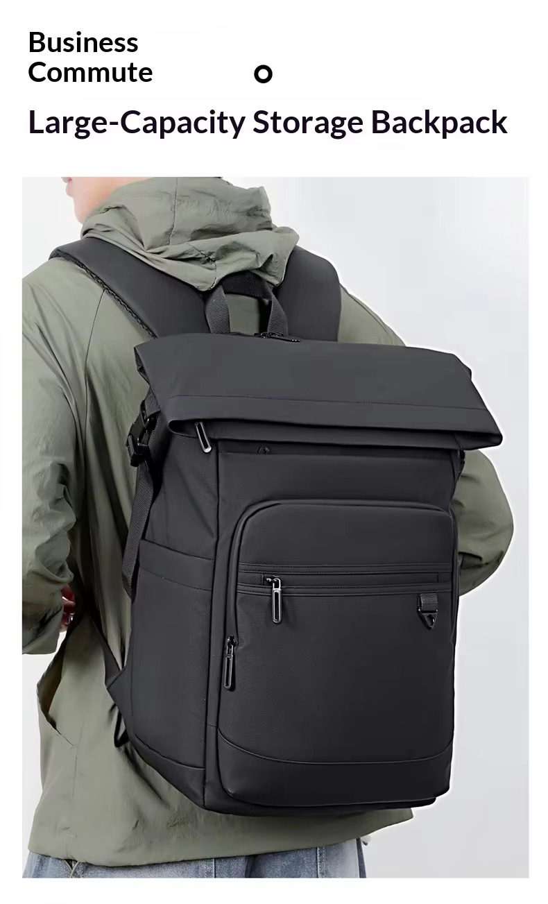 man wearing black rolltop backpack business commute lifestyle shot