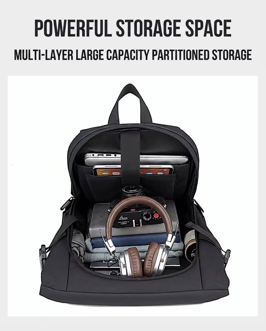 glasses hung on shoulder strap and tablet in back zipper pocket