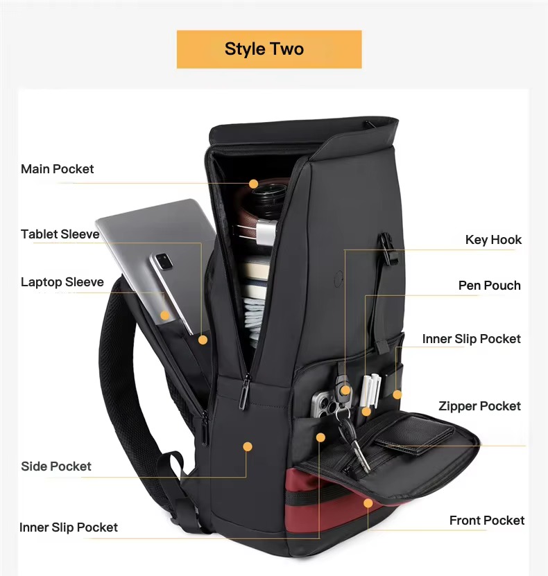 interior main compartment packed with headphones notebook and folded clothes