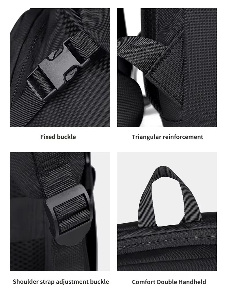 front view of black rolltop backpack
