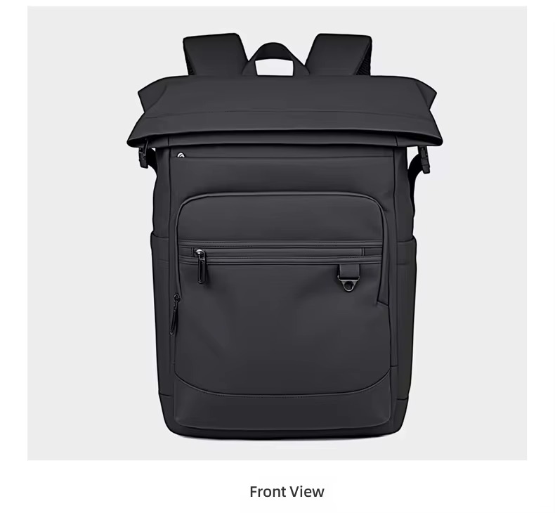 side view of black rolltop backpack