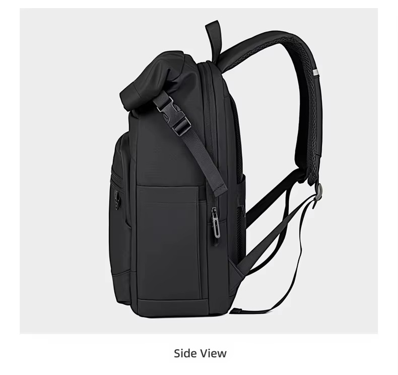 back view of black rolltop backpack with mesh panel