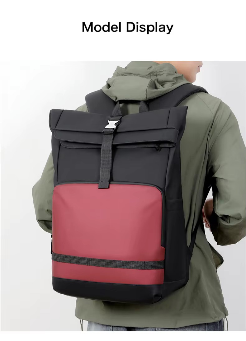 man wearing red and black split color backpack outdoors