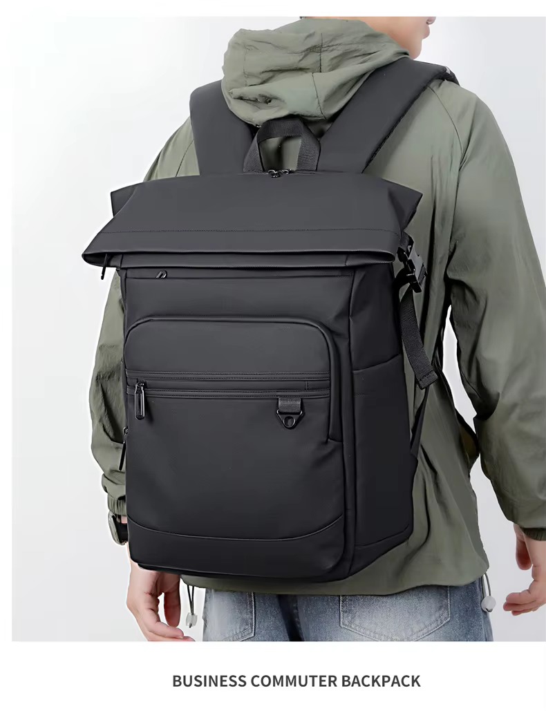 man wearing black business commuter backpack front view