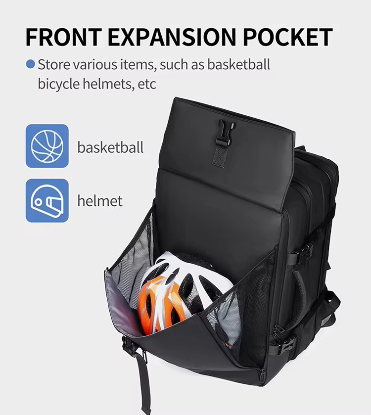 front expansion pocket holding a basketball and helmet with icon labels