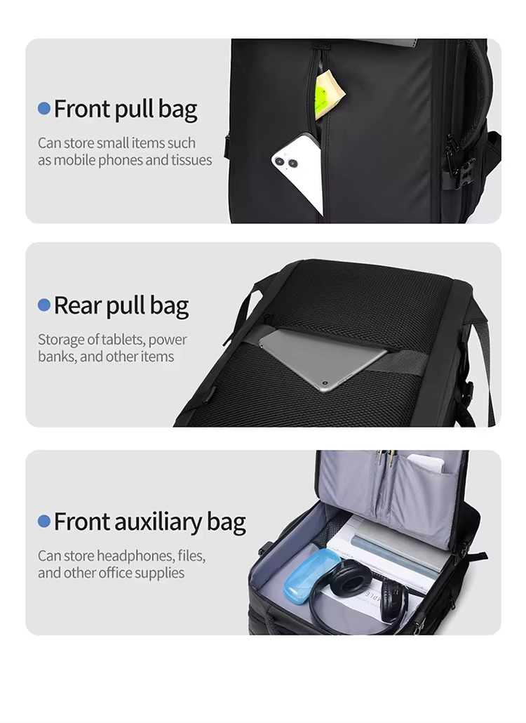 man carrying backpack overhead to stow in airplane luggage bin