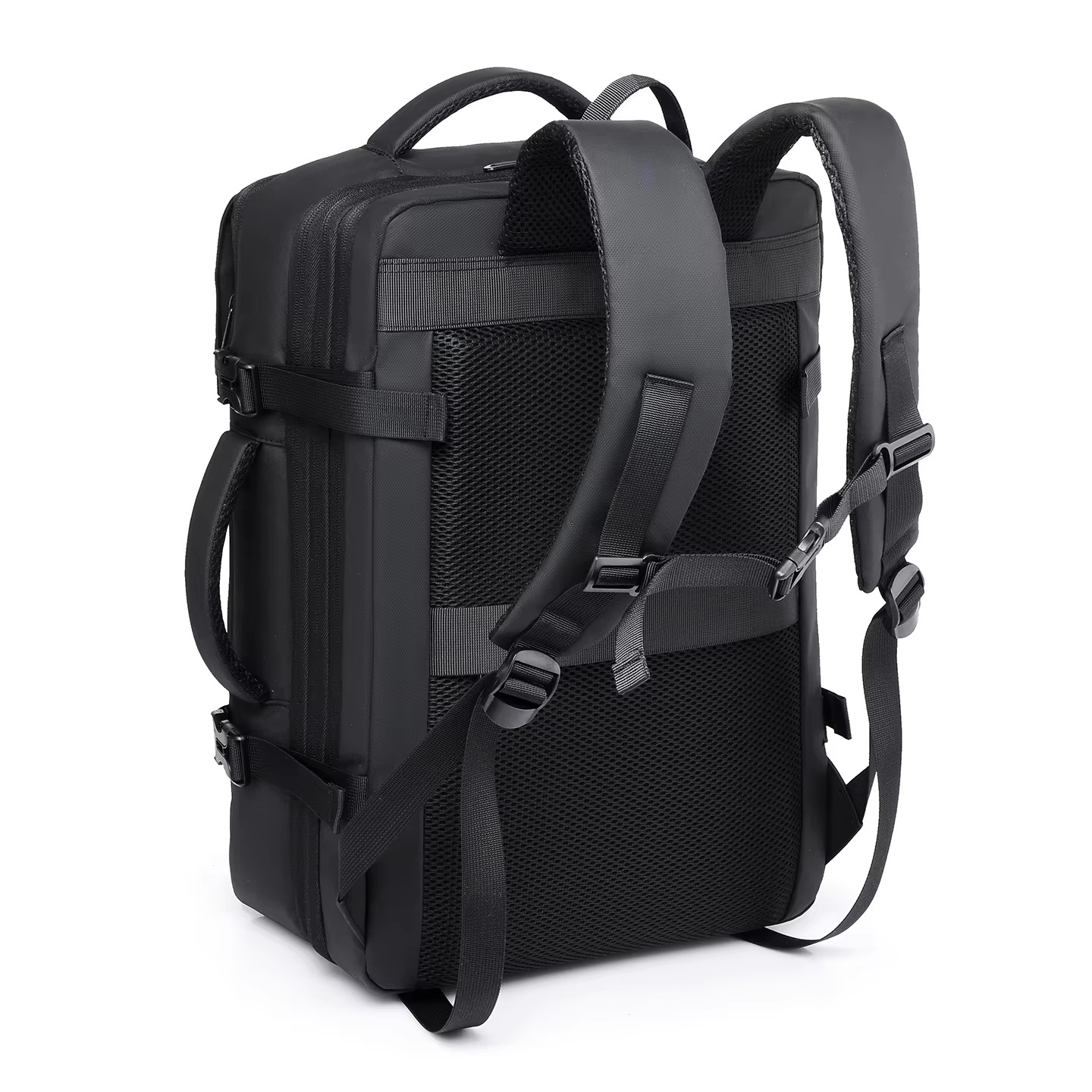 man wearing grey backpack from behind
